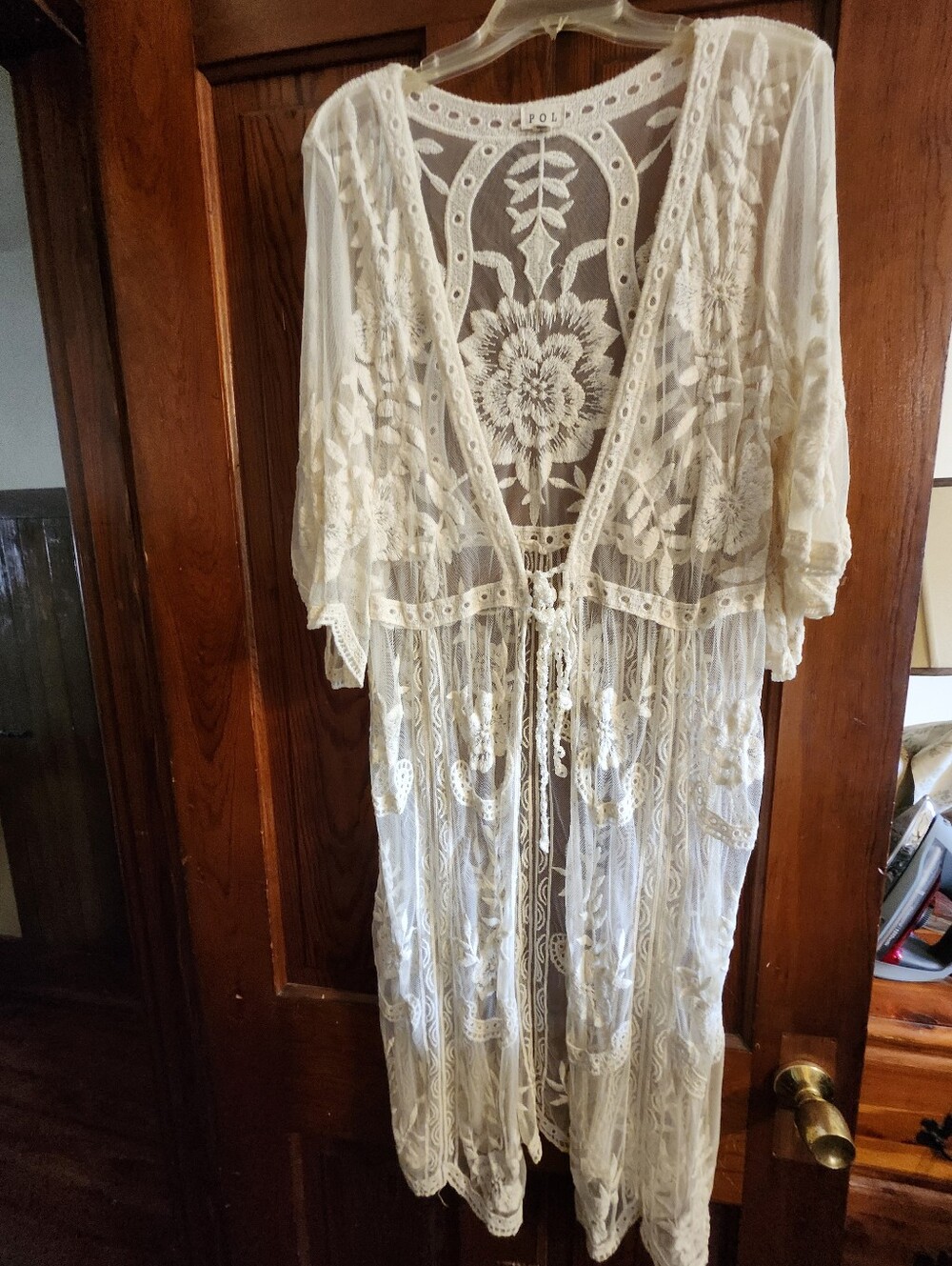 POL Cream Lace Embroidered Kimono Duster Swim Cover Up